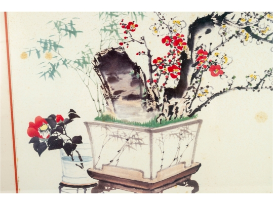 Framed Chinese Watercolor Painting Of Potted Flowers