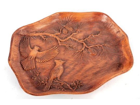 Mid-Century Nutte Products Hand-Carved Wooden Tray With Birds And Pine Motif