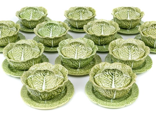 Set Of Twelve Portuguese Bordallo Pinheiro Hand-painted Cabbage Form Tureens With Underplates