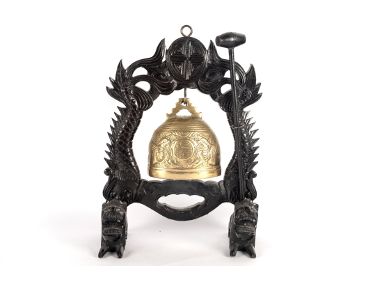 Brass Temple Bell With Dragon Motif Stand