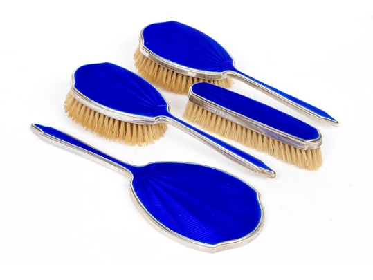 Four Piece English Sterling And Guilloche Enameled Vanity Set