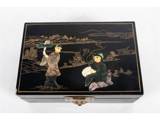 Chinese Black Lacquer Jewelry Box With Hardstone Figures