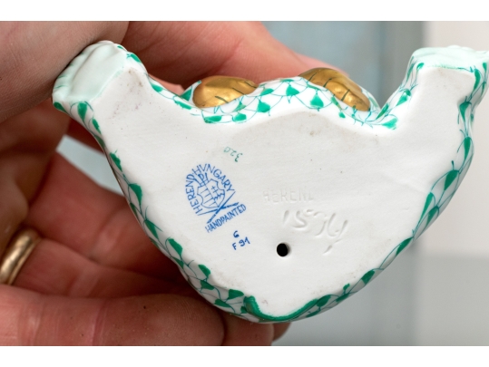 Duo Of Herend Hungary Hand-Painted Porcelain Bears, Green Fishnet Pattern