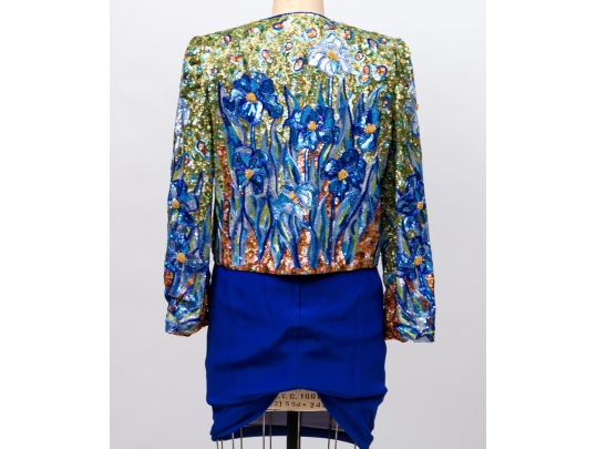 Neman Marcus Stunning Blue Dress With Sequinned Floral Jacket, Size 8