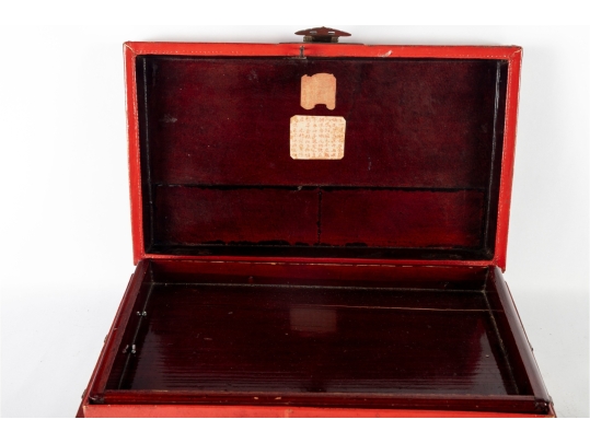 Antique Chinese Red And Gilt Lacquered Wood Storage Box With Brass Hardware