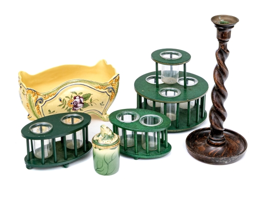 Collection Of Table Top Wares, Including French Planter With Oak Barley Twist Candlestick
