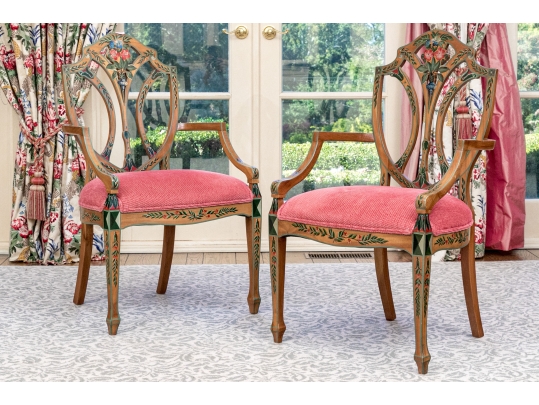 Lavish Pair Of Edwardian Style Painted Satinwood Shield-Back Arm Chairs
