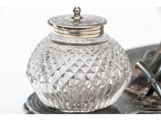 English Silver Plated Inkwell With Two Crystal Inkwells