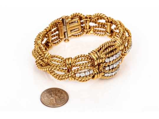 David Webb 18k Yellow Gold Stunning Vintage Diamond Set Rope Motif Bracelet, With Hidden Watch