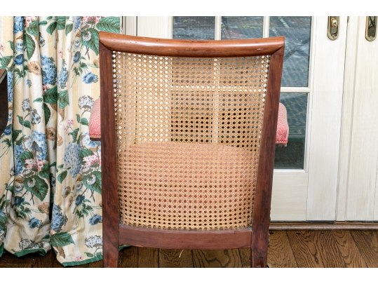 Mahogany And Cane Custom Upholstered Accent Armchair