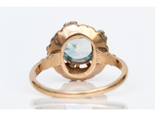 14k Yellow Gold Pretty Synthetic Blue Zircon Ring With Decoratve Border, Size 7