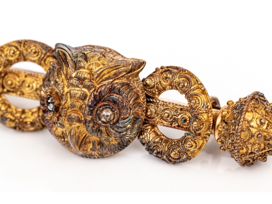 14k Gold Antique Beautiful Ornate Owl Motif Brooch With Rose Cut Diamond Eyes