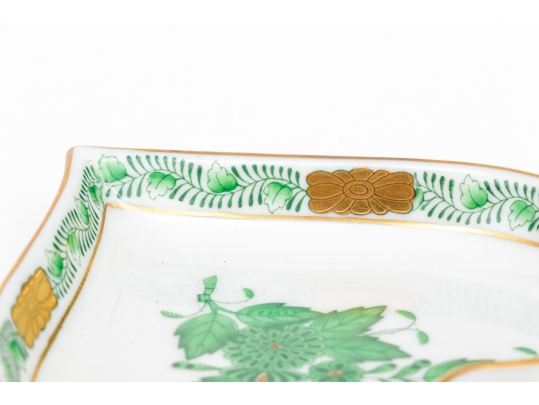 Herend Hungary Hand-Painted Porcelain Heart Shaped Trinket Dish, Green Chinese Bouquet Pattern