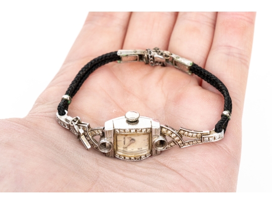 Hamilton Vintage Platinum And Diamond Case Wristwatch, Gold Filled Buckle, As-is