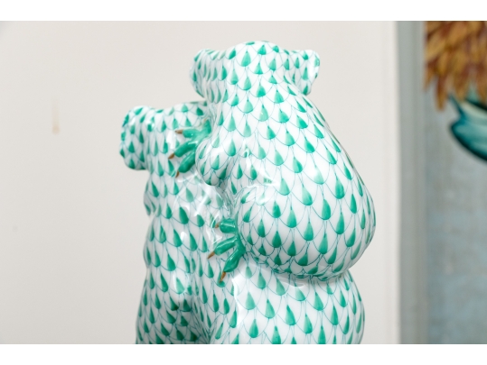 Rare Herend Hungary Hand-Painted Porcelain Koala With Baby, Green Fishnet Pattern