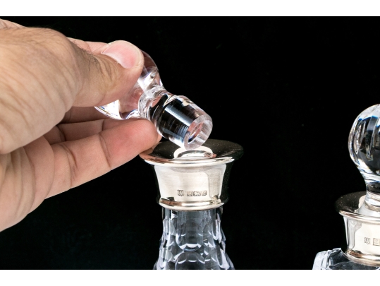 Group Of Three English Cut Glass Decanters Or Perfumes With Sterling Silver Collars