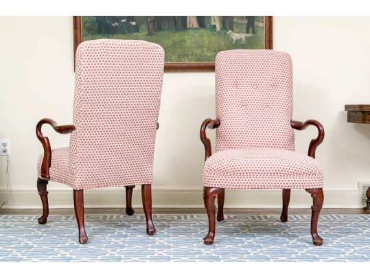 Fabulous Pair Of Mahogany Goose Neck Upholstered Armchairs