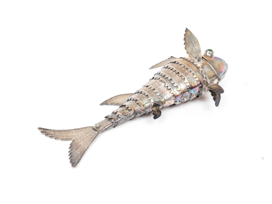 Vintage Sterling Silver Articulating Fish With Green Glass Eyes