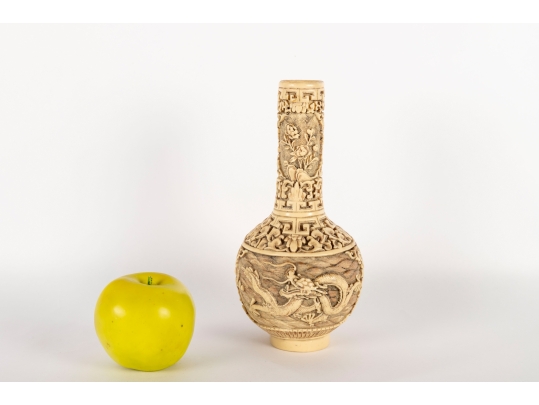 Chinese Carved Celluloid Vase With Dragon And Flower Motifs