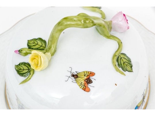 Herend Hungary Hand-Painted Porcelain Covered Butter Dish, Rothschild Bird (RO) Pattern