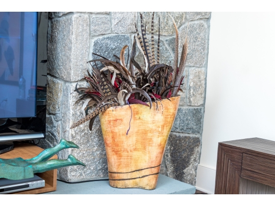 Decorative Glazed Ceramic Vase With Feathers