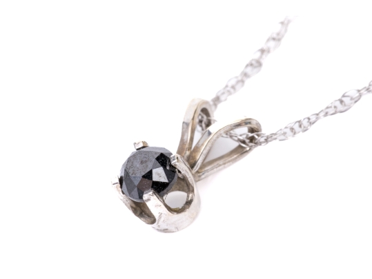 10k White Gold Black Diamond Solitaire Pendant, With Gold Chain