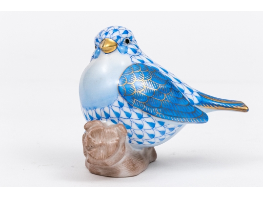 Herend Hungary Hand-Painted Porcelain Stout Bird Figure On Branch, Blue Fishnet Pattern