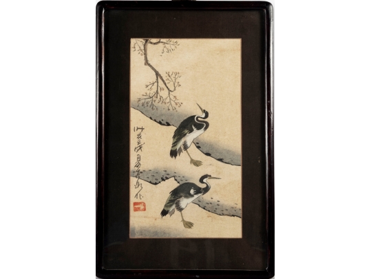 Framed Japanese Watercolor Painting Of Cranes