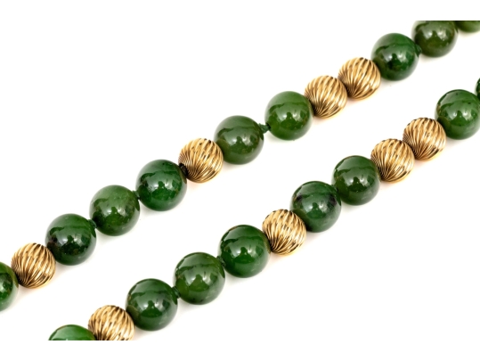 Fabulous Retro Opera Length Nephrite Jade And Corrugated Gold Bead Necklace
