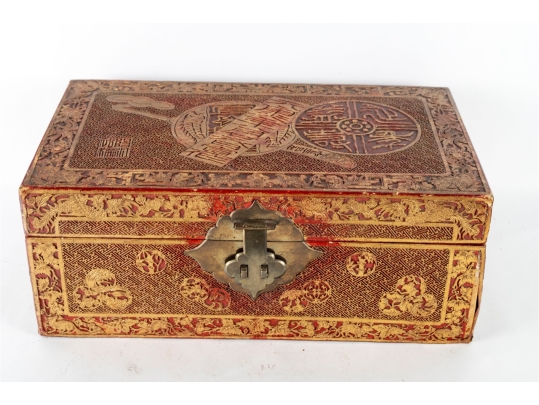 Antique Chinese Red And Gilt Lacquered Wood Storage Box With Brass Hardware