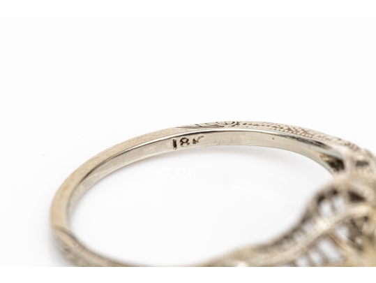 18k White Gold Vintage Filigree And Diamond Ring, App. 0.28 CTS, Size 6.5