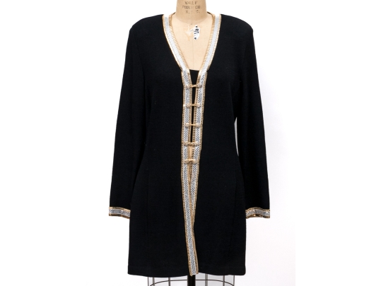 St. John Long Button Up From Black Sequinned Cardigan, Size 12