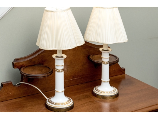 Pair Of Gilt Decorated Ceramic Candle Form Table Lamps