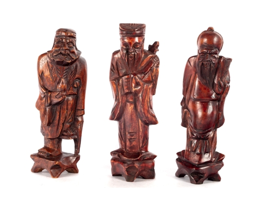 Set Of Three Hand-Carved Chinese Wooden Immortal Figures