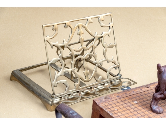 Vintage And Antique Table Pieces Including Paper Cutter, Irons, Doorstop, Book Stand