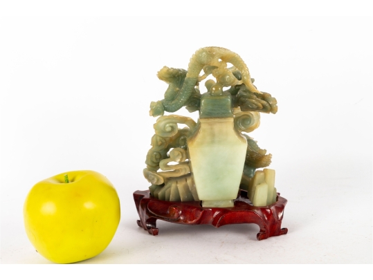 Carved Green Jade Dragon And Qilin Sculpture On Wood Base