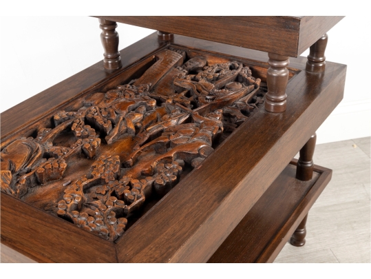 Mid-20th Century Chinese Hand-Carved Tiered Side Table With Figural Panels