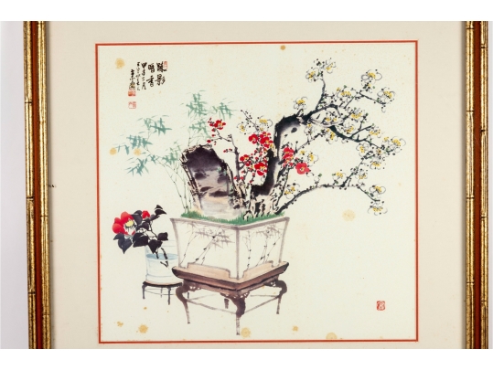 Framed Chinese Watercolor Painting Of Potted Flowers