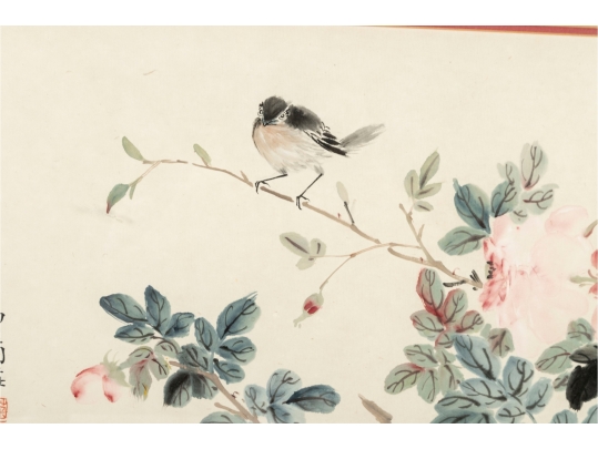 Framed Asian Watercolor Painting Of Birds And Blossoms