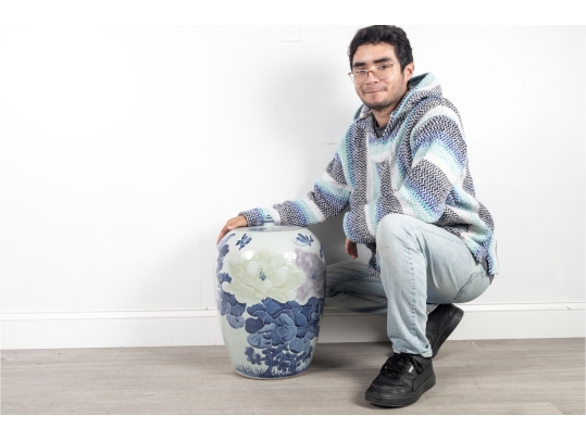 Large Hand-Painted Chinese Ceramic Peony Motif Jar 