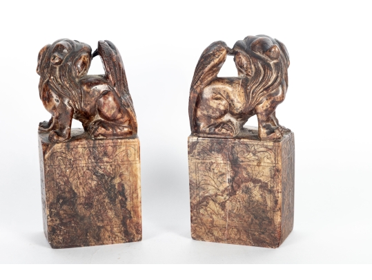 Vintage Carved Soapstone Asian Foo Dog Bookends