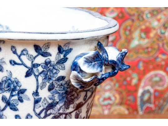 Decorative Chinese Export Style Twin Handled Jardiniere With Wood Stand