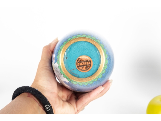 Pair Of Vintage Chinese Cloisonné Enamel Vases With Cherry Blossom Motif