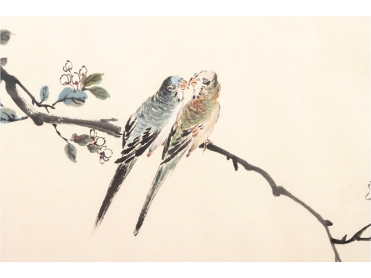 Large Chinese Ink And Watercolor Painting Of Birds On A Branch