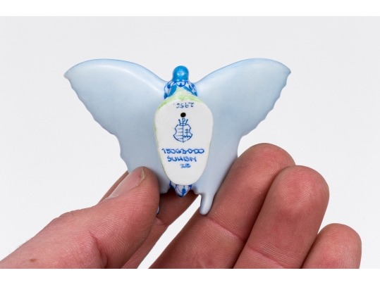 Herend Hungary Hand-Painted Porcelain Blue Butterfly Figure, Blue FIshnet Pattern