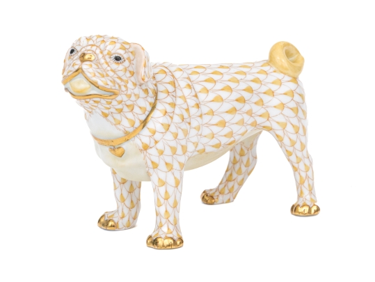 Herend Hungary Hand-Painted Porcelain Pug Figure, Butterscotch Fishnet Pattern