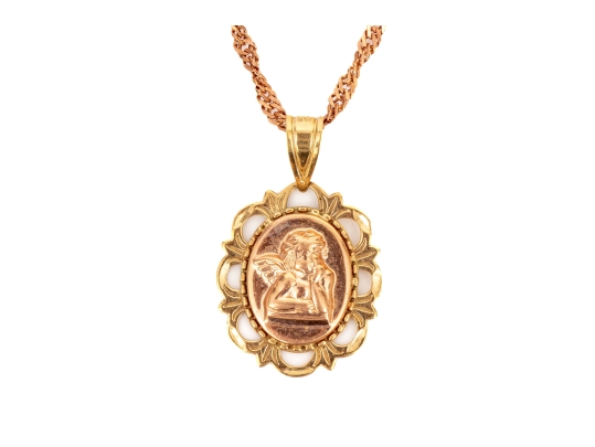 14k Gold Pretty Yellow And Rose Guardian Angel Pendant, With Chain