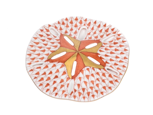 Herend Hungary Hand-Painted Porcelain Sand Dollar, Rust Fishnet Pattern