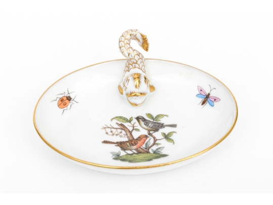 Herend Hungary Hand-Painted Porcelain Dish With Dolphin Handle, Rothschild Bird Pattern (RO)