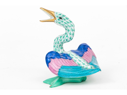 Herend Hungary Hand-Painted Porcelain Goose Figure, Green Fishnet Pattern With Polychrome Wings